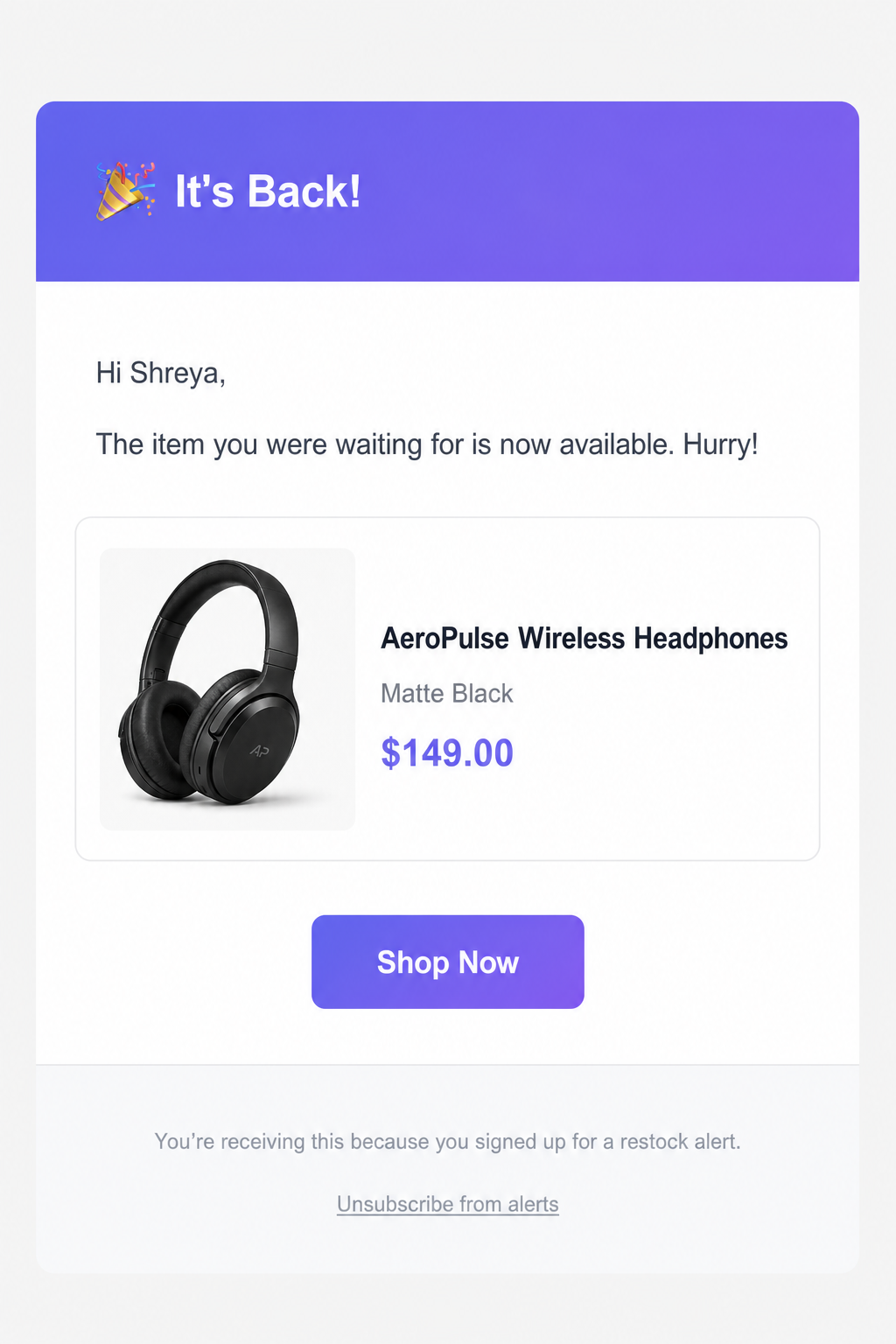 Back-in-stock email for AeroPulse headphones with Shop Now button