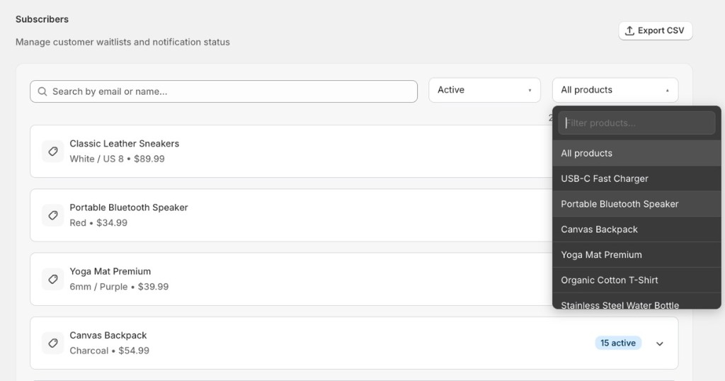 Subscribers page with search, status filter, and product waitlists