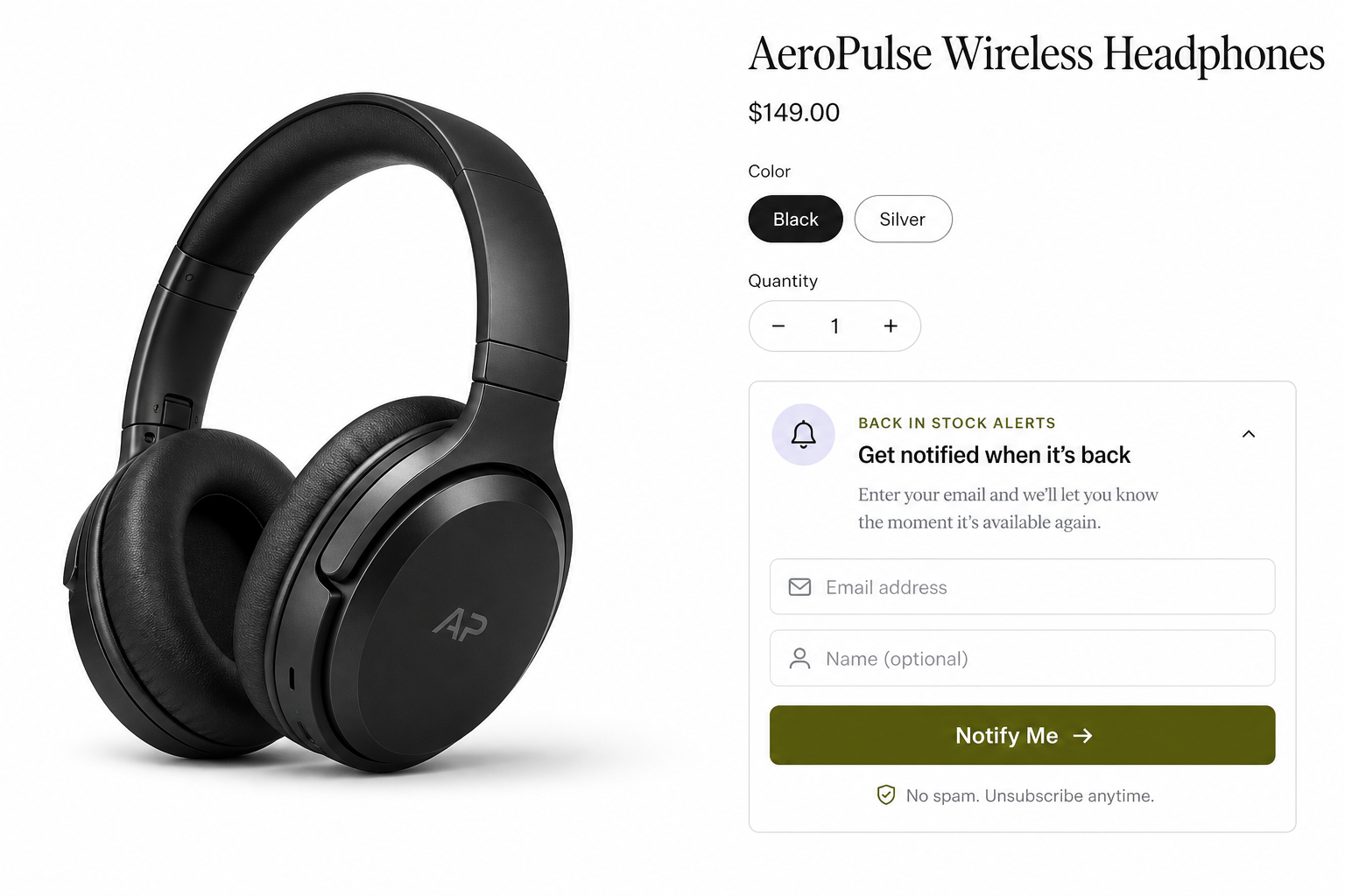 Notify Me form on an out-of-stock headphones product page